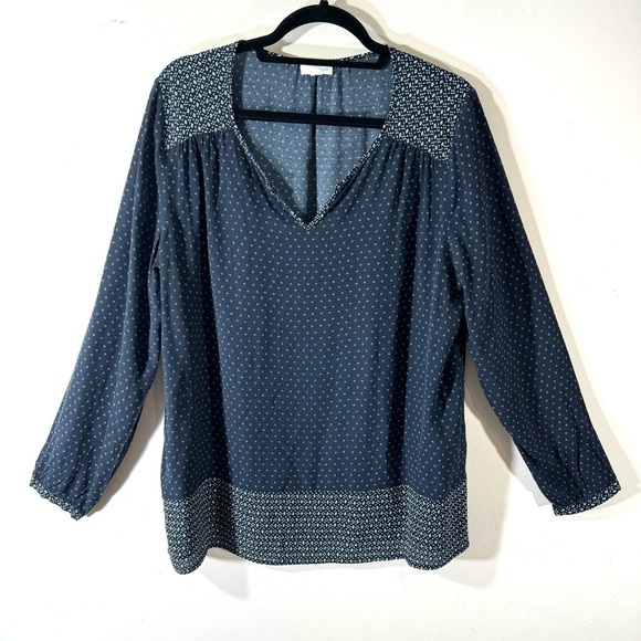 J.Jill Navy Blue Print Rayon V-neck Tunic Blouse - Picture 1 of 9